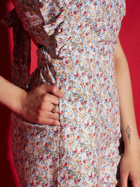 SASSAFRAS White Floral Print Playsuit With Ruffles