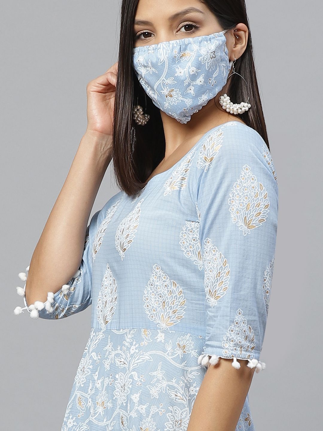 Libas Blue & White Ethnic Motifs Printed Cotton Maxi Dress