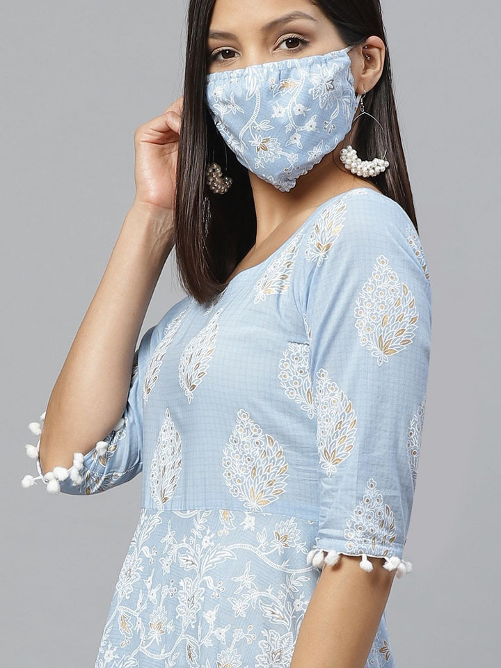 Libas Blue & White Ethnic Motifs Printed Cotton Maxi Dress