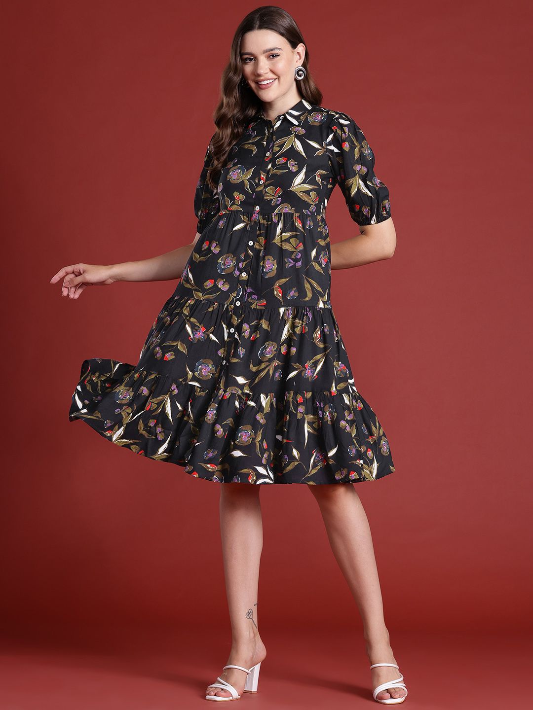 all about you Floral Print Tiered Shirt Dress