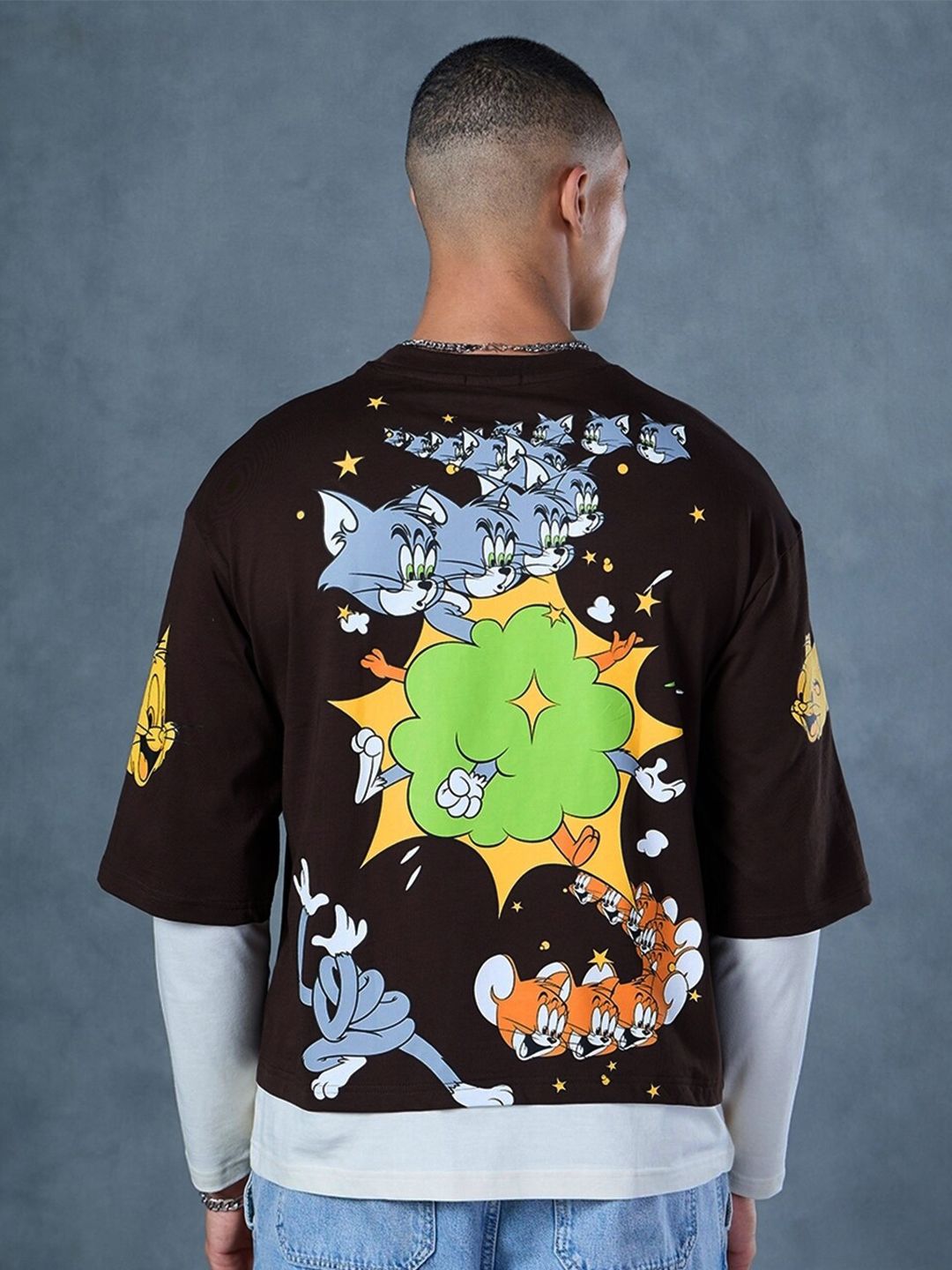 Bewakoof Brown Tom & Jerry Printed Round Neck Short Sleeves Cotton Oversized T-shirt