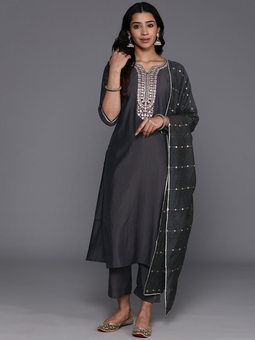 Libas Women Floral Yoke Design Regular Sequinned Kurta with Trousers & Dupatta