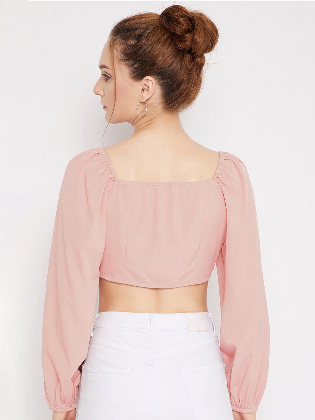 Berrylush Pink Sweetheart Neck Crepe Fitted Crop Top