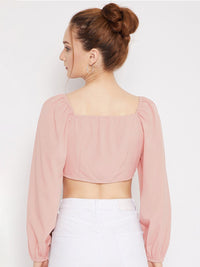 Berrylush Pink Sweetheart Neck Crepe Fitted Crop Top