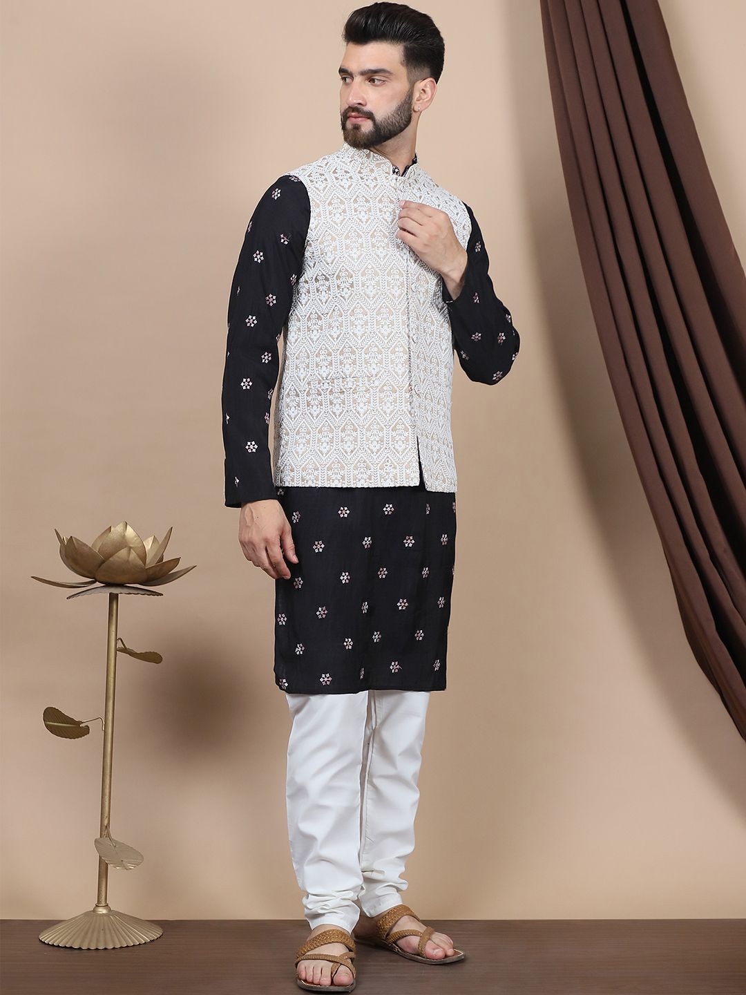 Anouk Black Embroidered Sequinned Cotton Silk Straight Kurta & Churidar & Nehru jacket