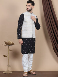 Anouk Black Embroidered Sequinned Cotton Silk Straight Kurta & Churidar & Nehru jacket