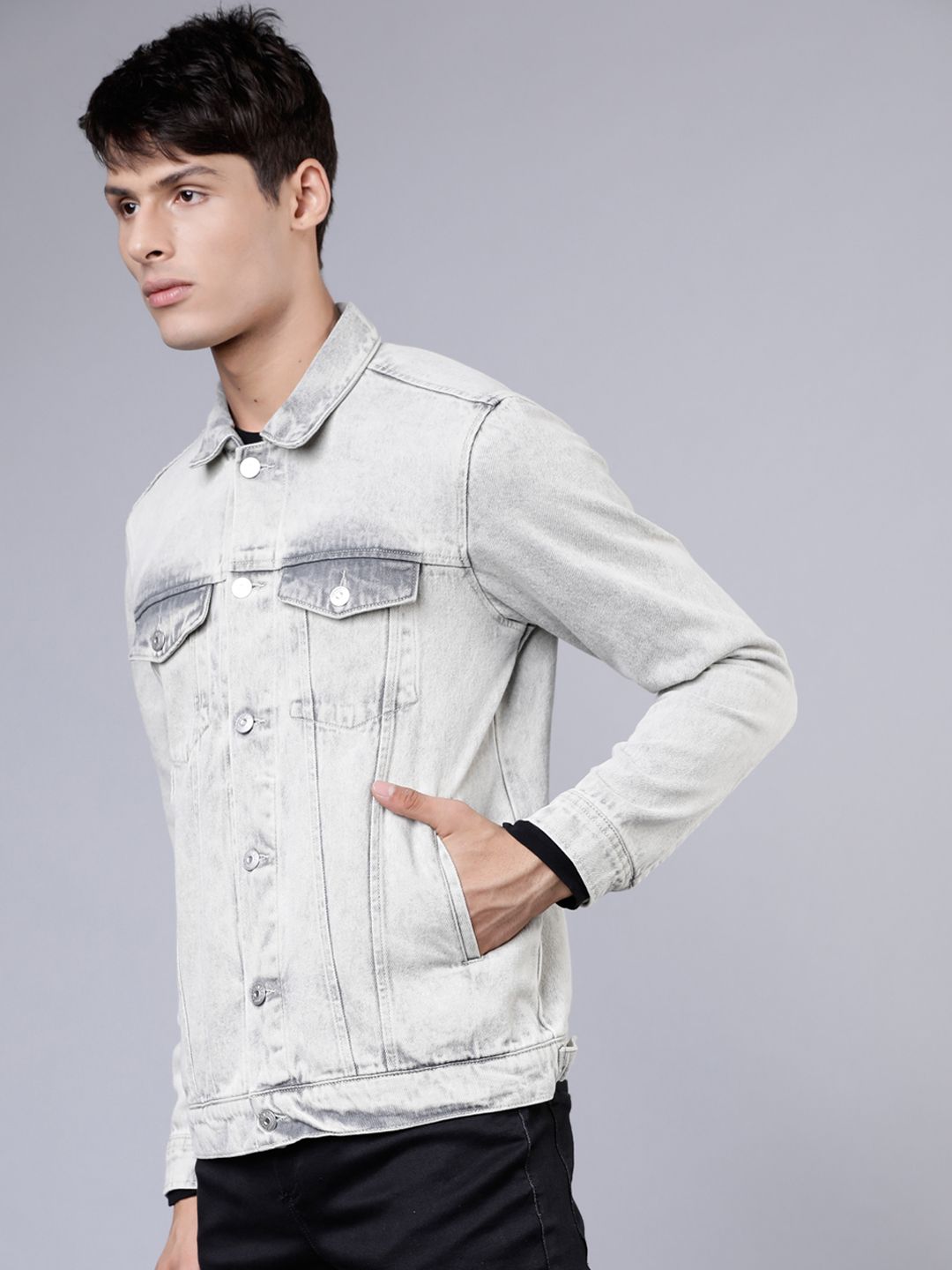 HIGHLANDER Men Grey Washed Denim Jacket