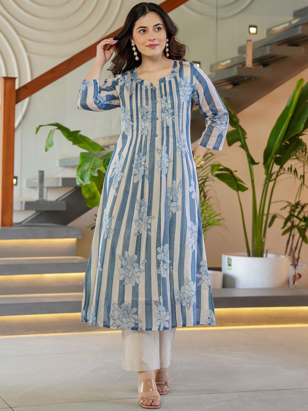 Indo Era Floral Printed Round Neck A-Line Pure Cotton Kurta With Trousers