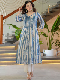 Indo Era Floral Printed Round Neck A-Line Pure Cotton Kurta With Trousers