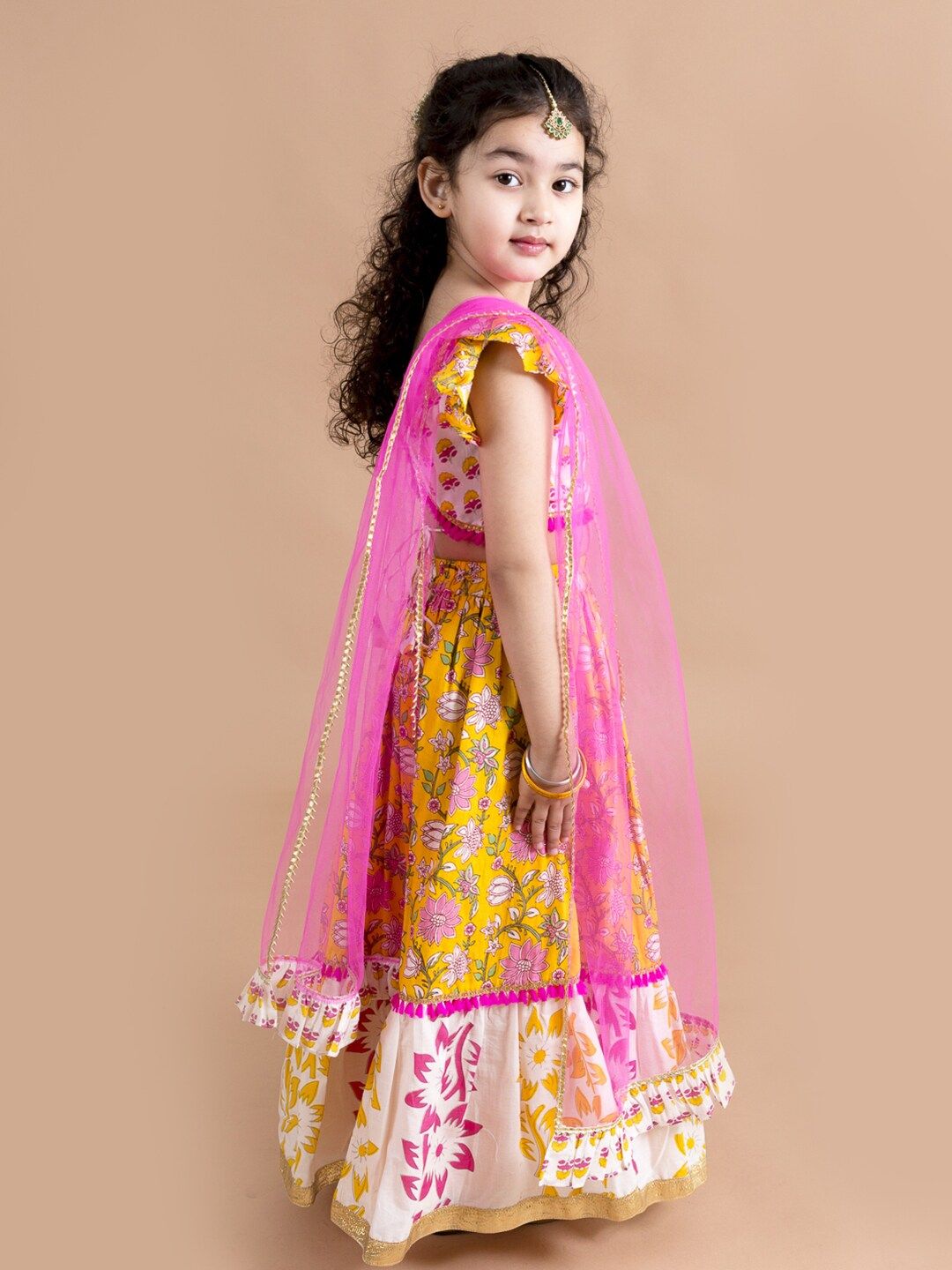 pspeaches Girls Yellow & Pink Printed Ready to Wear Lehenga & Blouse With Dupatta