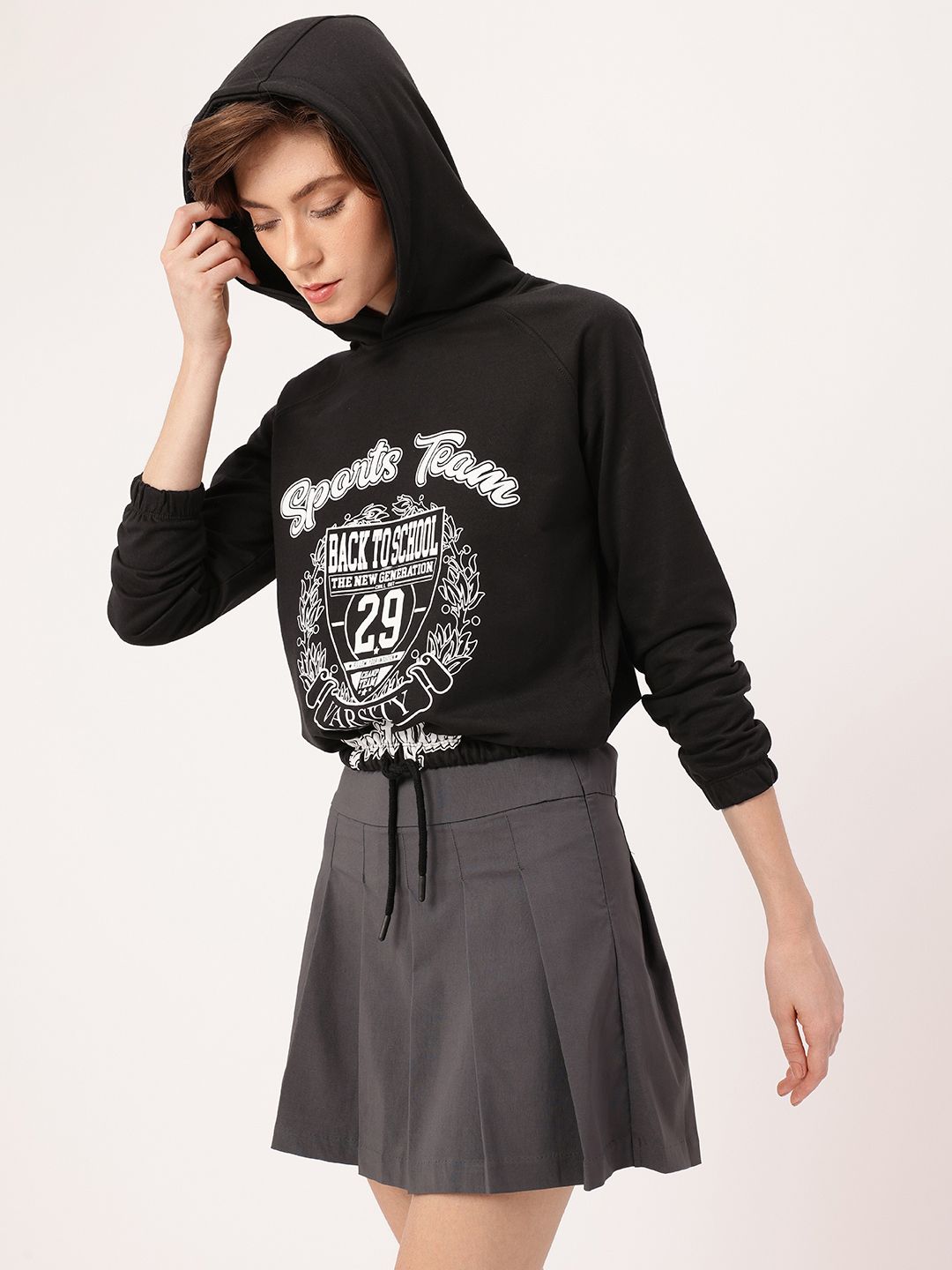 DressBerry Sporty Vibe Printed Drawstring-Hem Hooded Sweatshirt