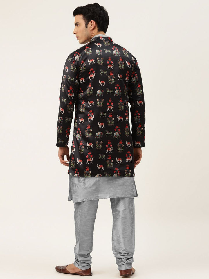 SOJANYA Men Grey Solid Kurta with Churidar & Jacket