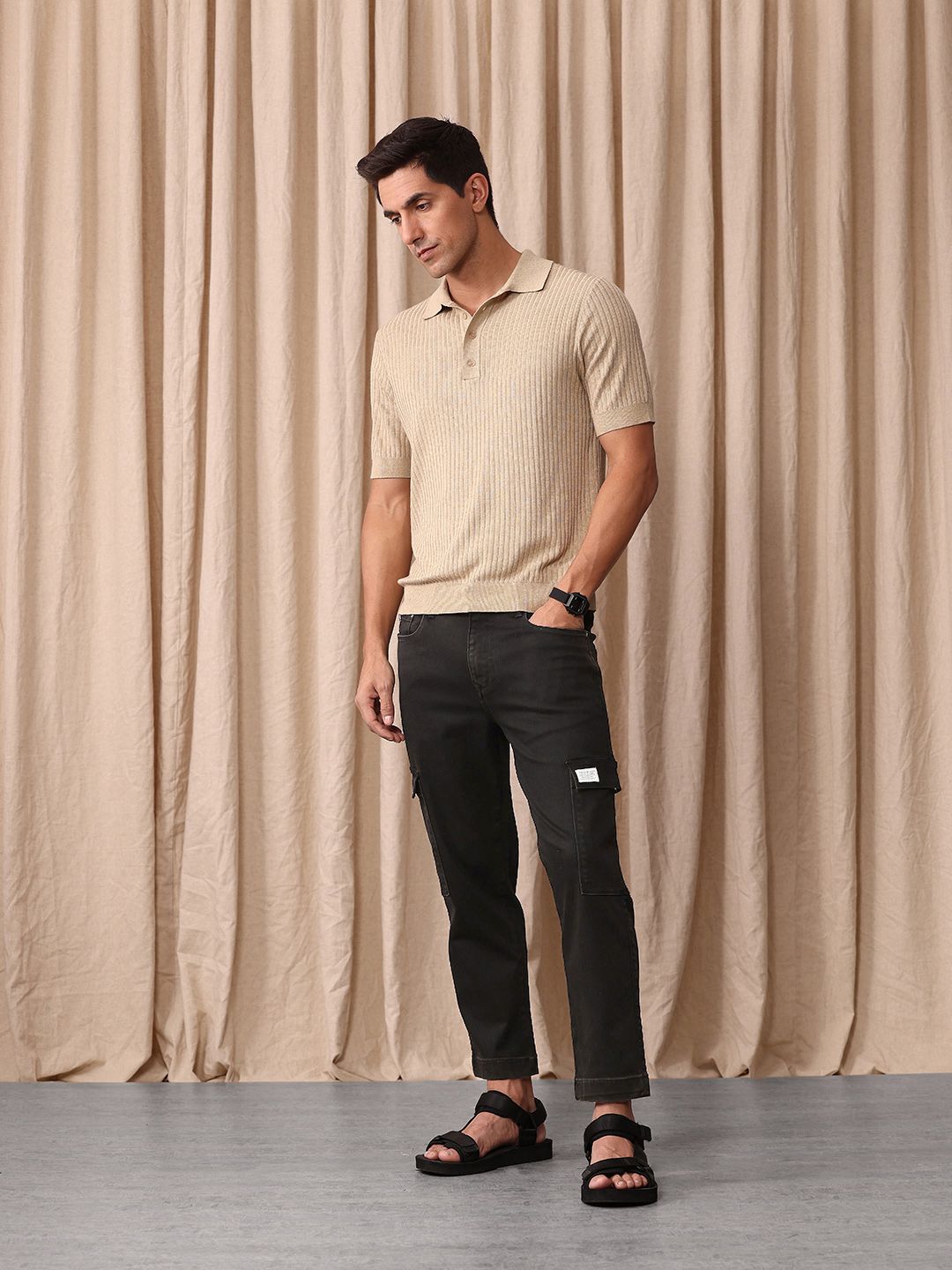 Mr Bowerbird Men Cropped Tapered Fit Light Fade Cargo Style Stretchable Jeans