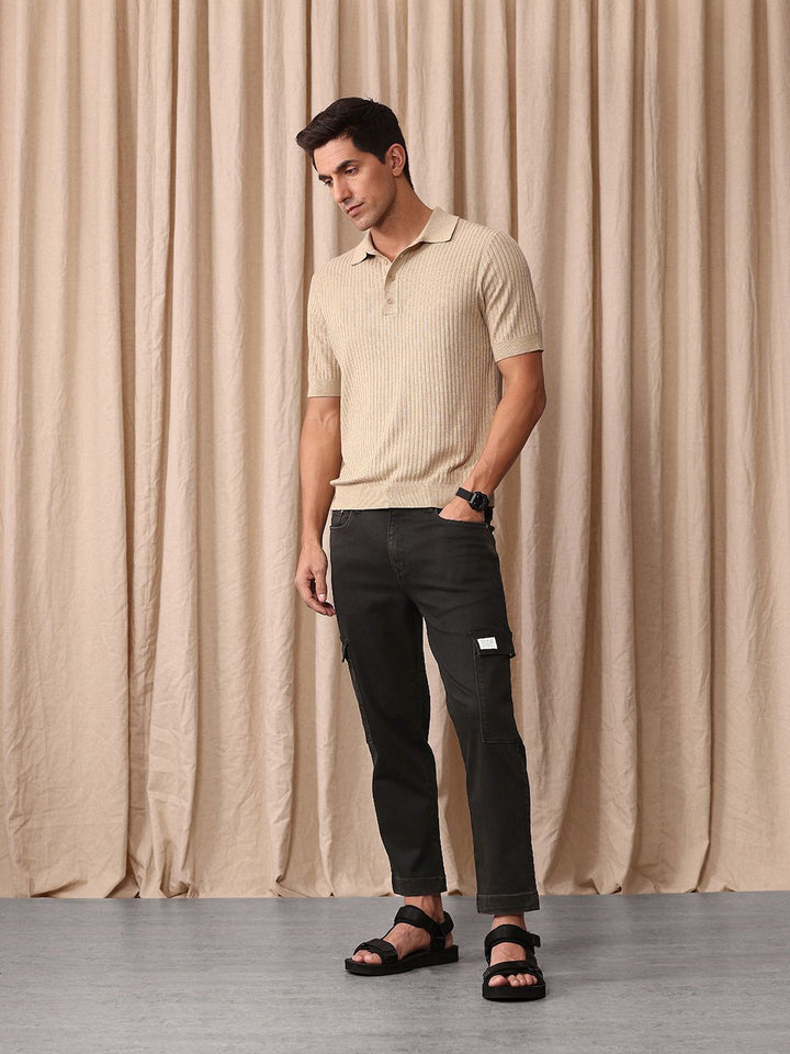 Mr Bowerbird Men Cropped Tapered Fit Light Fade Cargo Style Stretchable Jeans