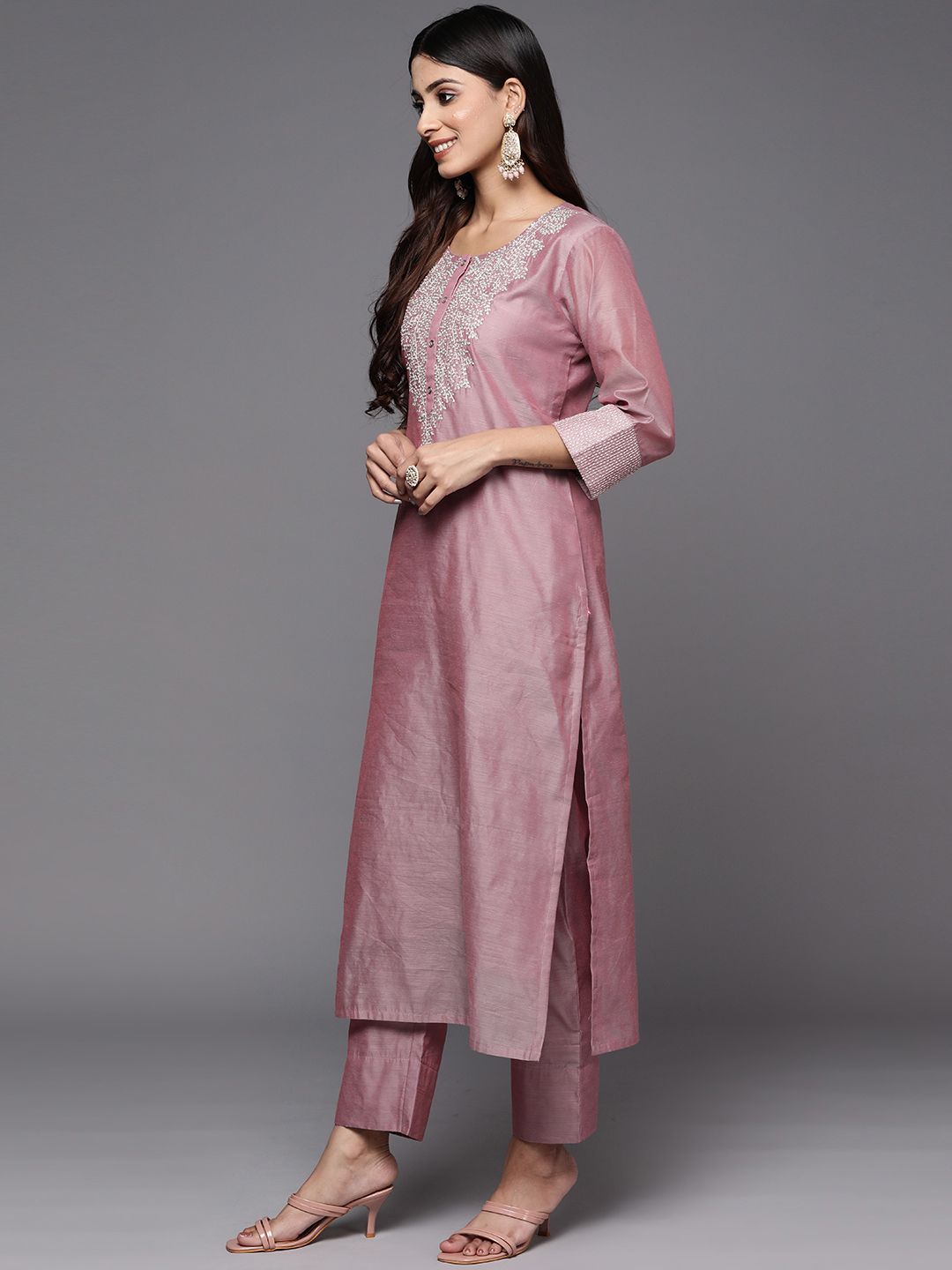Varanga Floral Zari Embroidered Chanderi Silk Kurta With Trouser & Sequined Dupatta.
