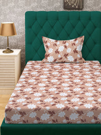 KLOTTHE Beige & White Floral Printed Pure Cotton 400 TC Single Cadar Dengan Sarung Bantal