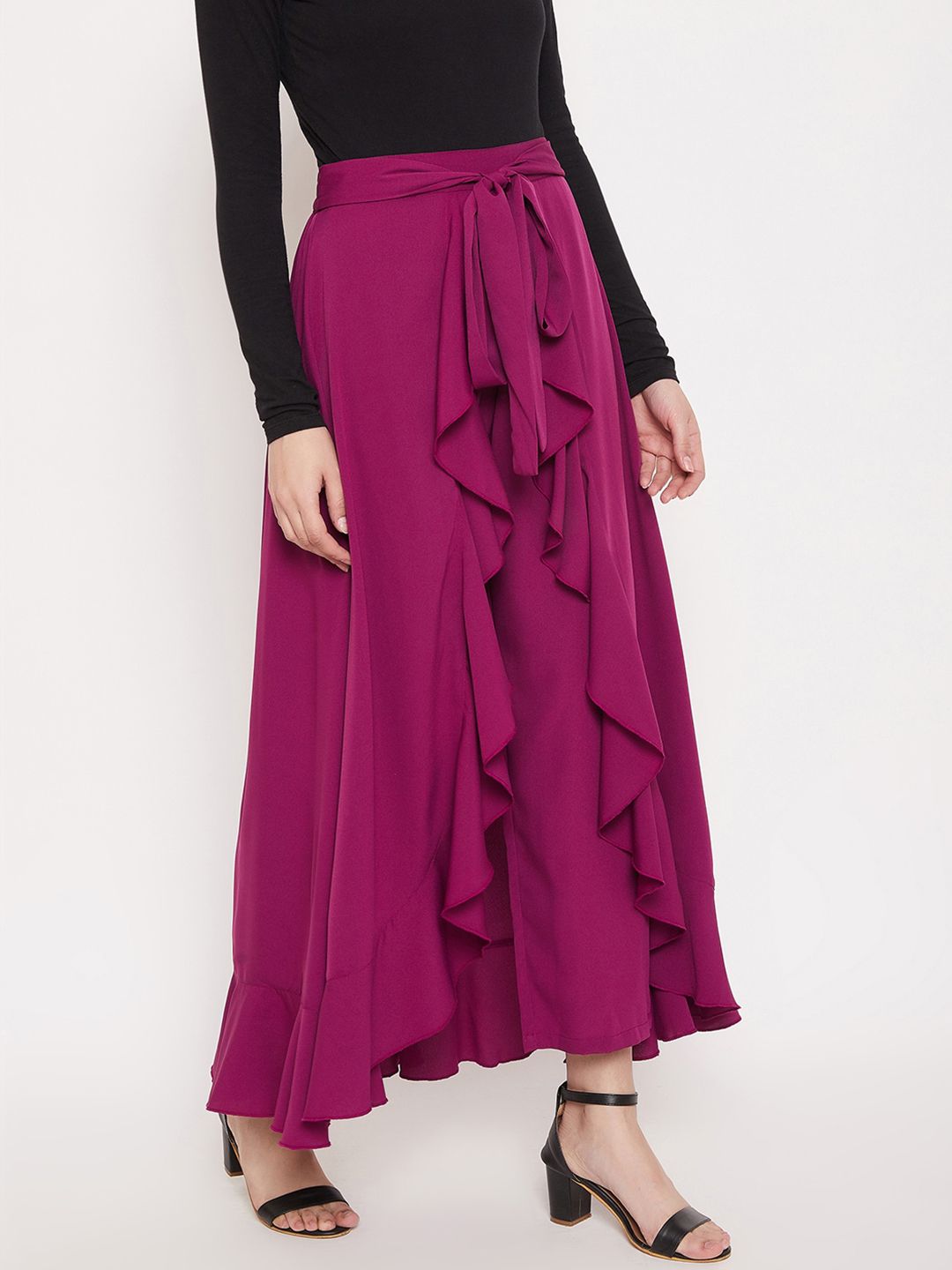 Berrylush Women Purple Solid Ruffle Maxi Wrap Pant Skirt