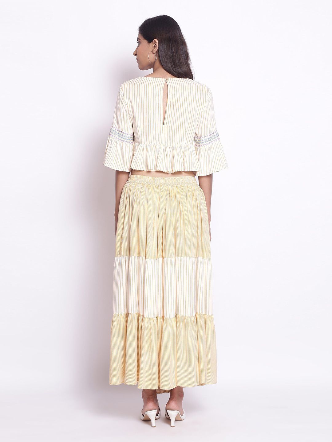 W Women Yellow Striped Top with Tiered Skirt