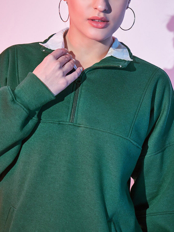 STREET 9 Green Typography Printed Mock Collar Pullover Fleece Sweatshirt