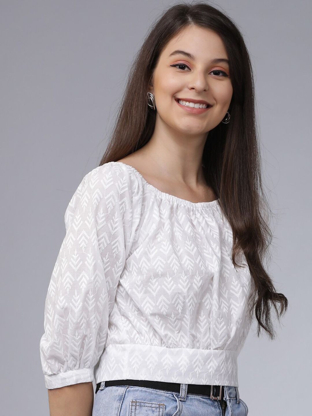 Tokyo Talkies White Embroidered Crop Top