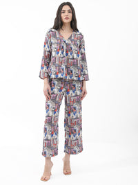 Rareism Conversational Printed V Neck Cotton Empire Top
