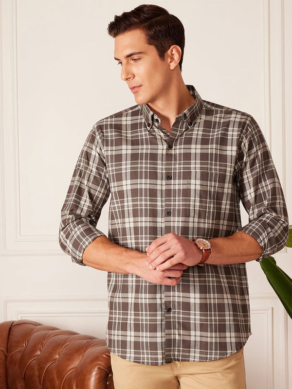 DENNISON Smart Tartan Checked Button-Down Collar Cotton Casual Shirt