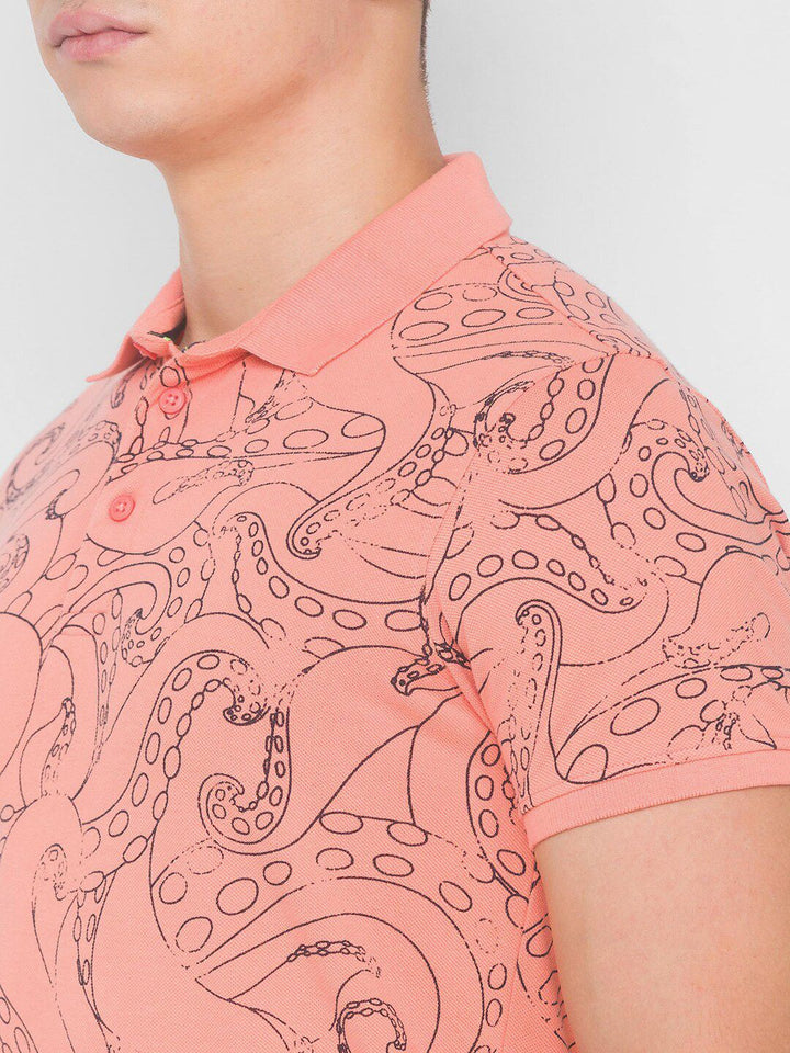 SPYKAR Men Pink Typography Printed Polo Collar Pure Cotton Slim Fit T-shirt