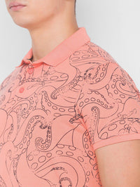 SPYKAR Men Pink Typography Printed Polo Collar Pure Cotton Slim Fit T-shirt