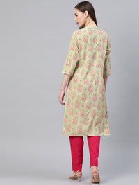 W Women Green & Pink Printed Straight Kurta
