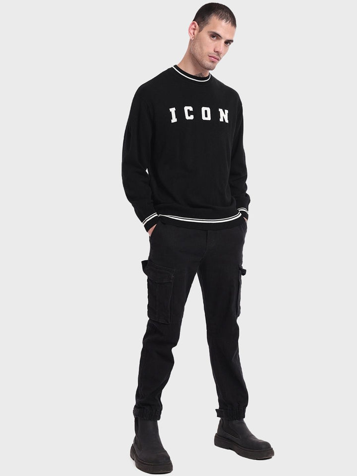 Bewakoof Men Jet Black ICON Typography Oversized Sweater