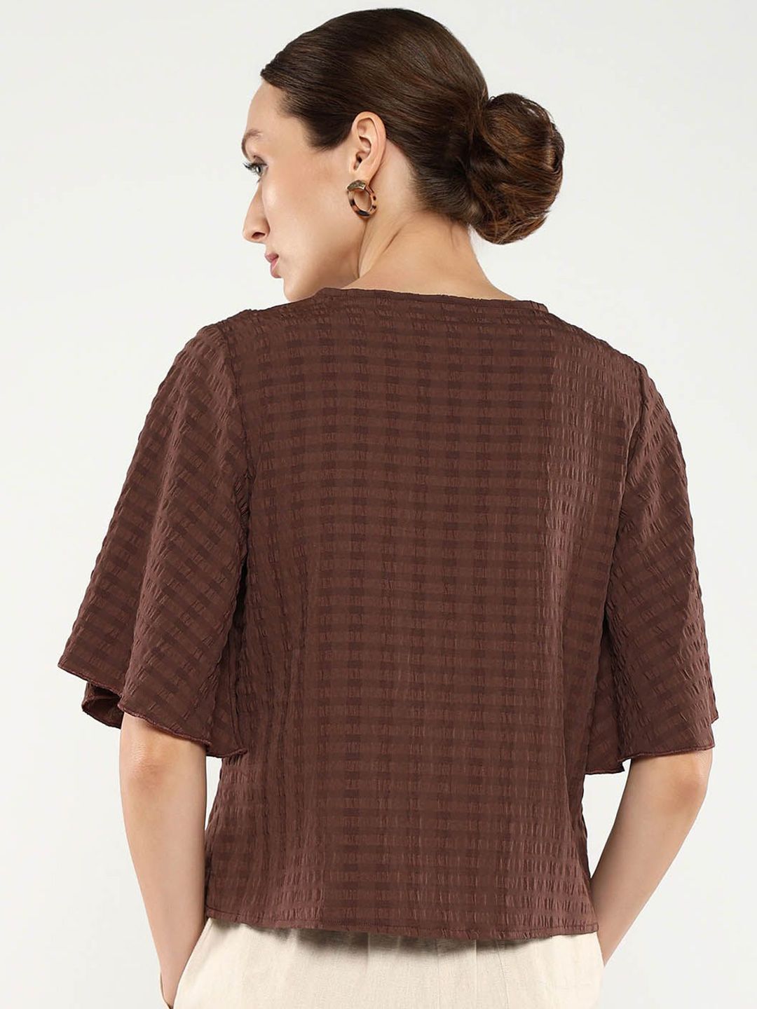 RAREISM Solid Self Design V-Neck Top