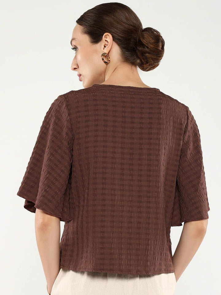 RAREISM Solid Self Design V-Neck Top