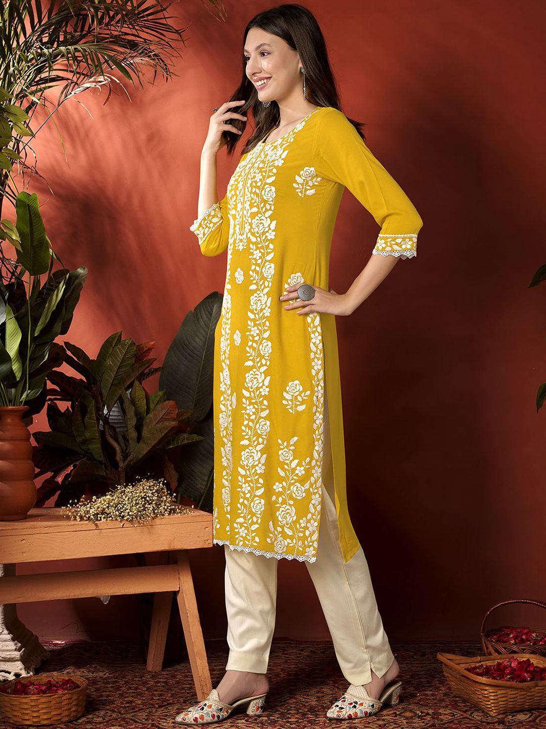 Anouk Yellow Floral Embroidered Round Neck Straight Kurta