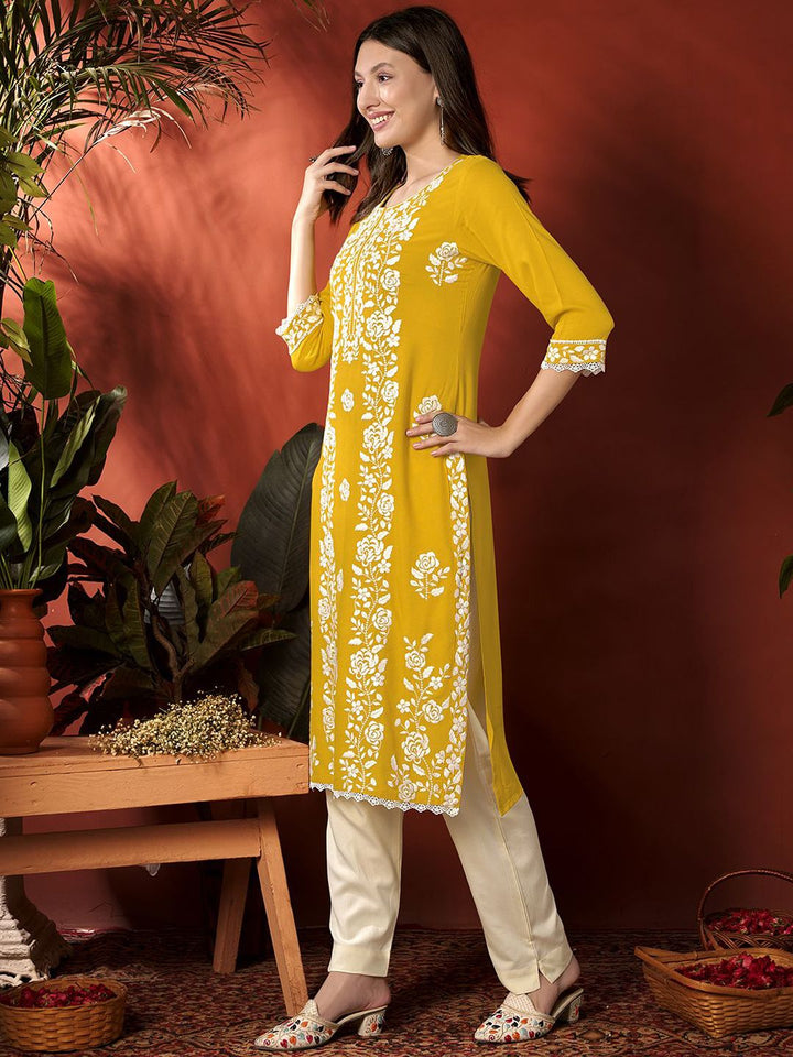Anouk Yellow Floral Embroidered Round Neck Straight Kurta