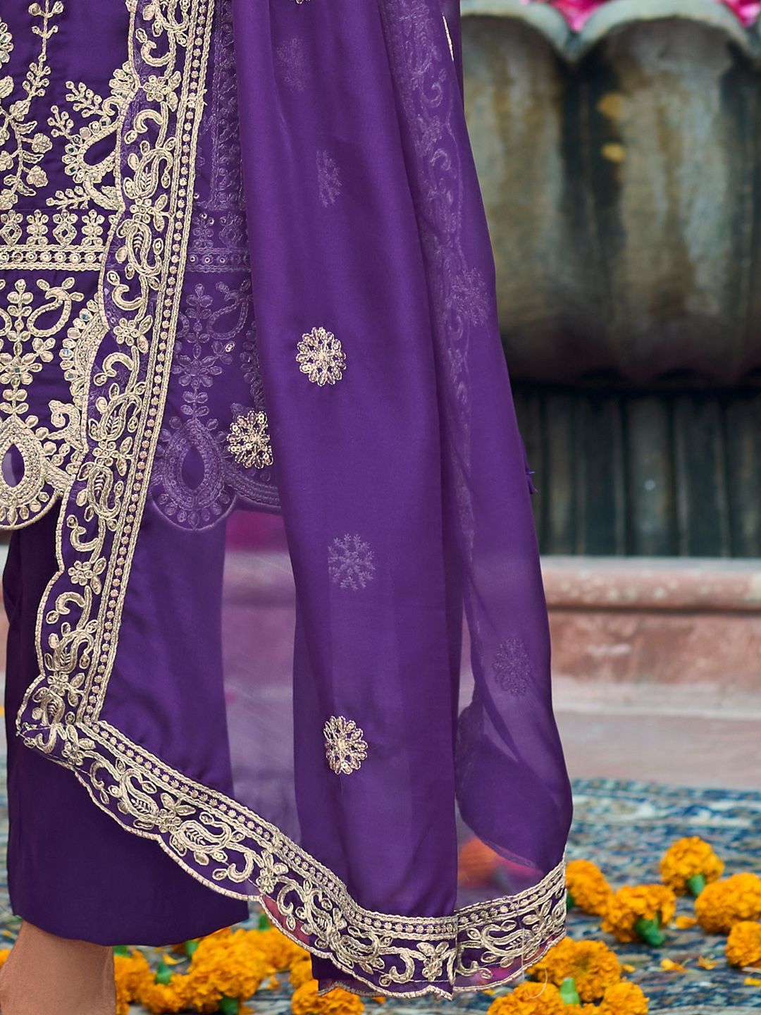 Indo Era Floral Embroidered V-Neck Zari Organza Straight Kurta With Trousers And Dupatta