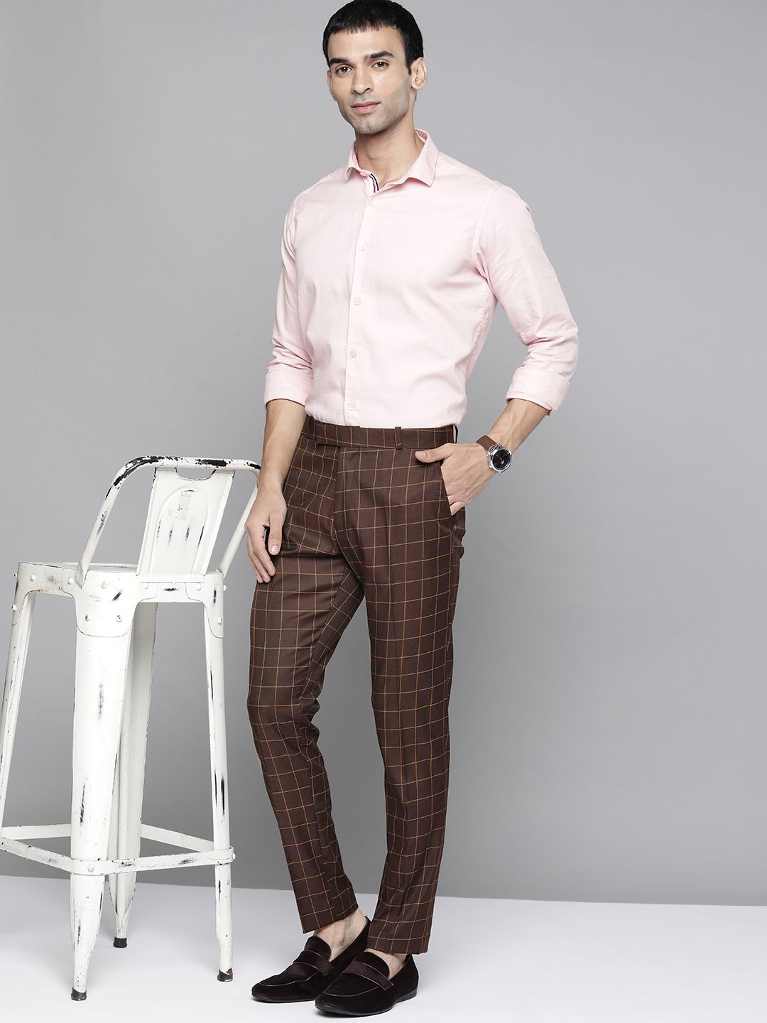 DENNISON Men Burgundy Checked Smart Tapered Fit Trousers