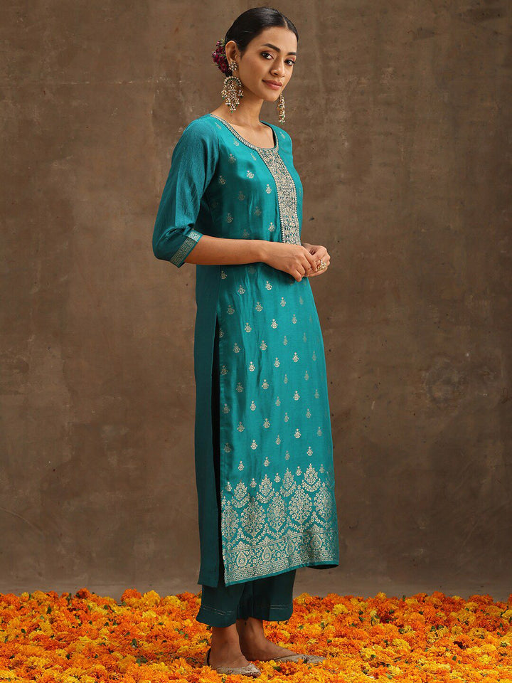 Libas Green Ethnic Motifs Woven Design Pure Silk Kurta With Trousers & Dupatta