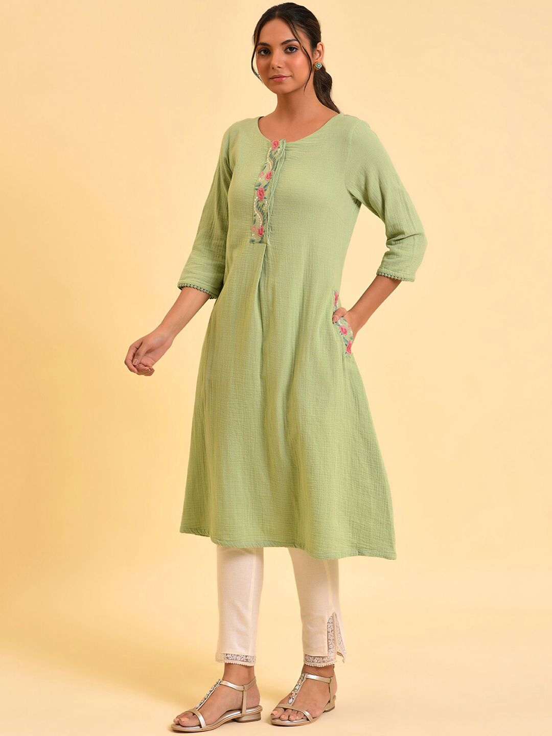 W Green Floral Embroidered A-Line Pure Cotton Kurta