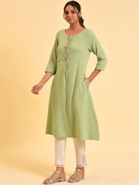 W Green Floral Embroidered A-Line Pure Cotton Kurta