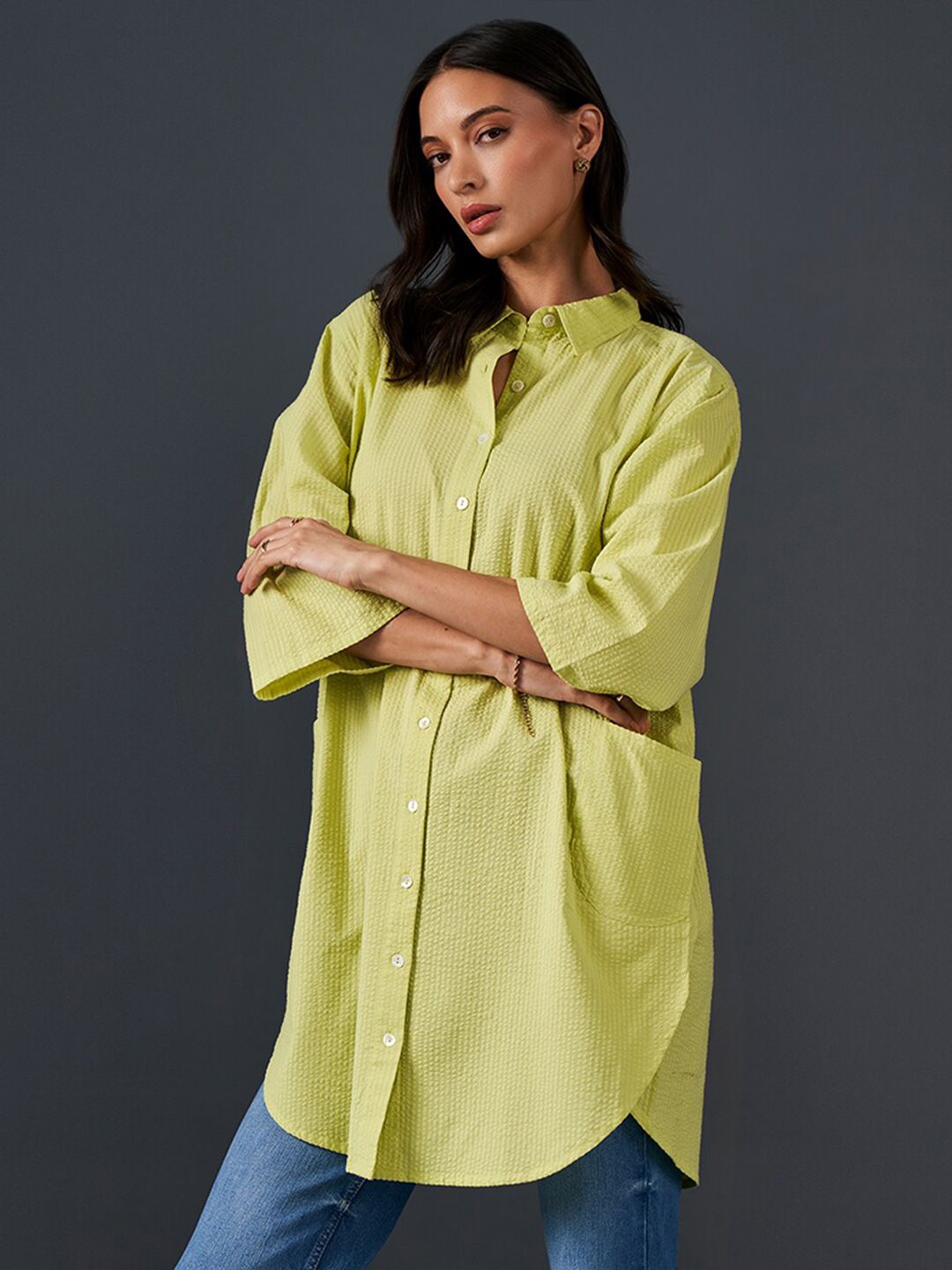 AND Self Design Mandarin Collar Cotton Top