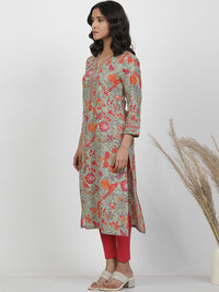 W Floral Printed V-Neck Pure Cotton Straight Kurta
