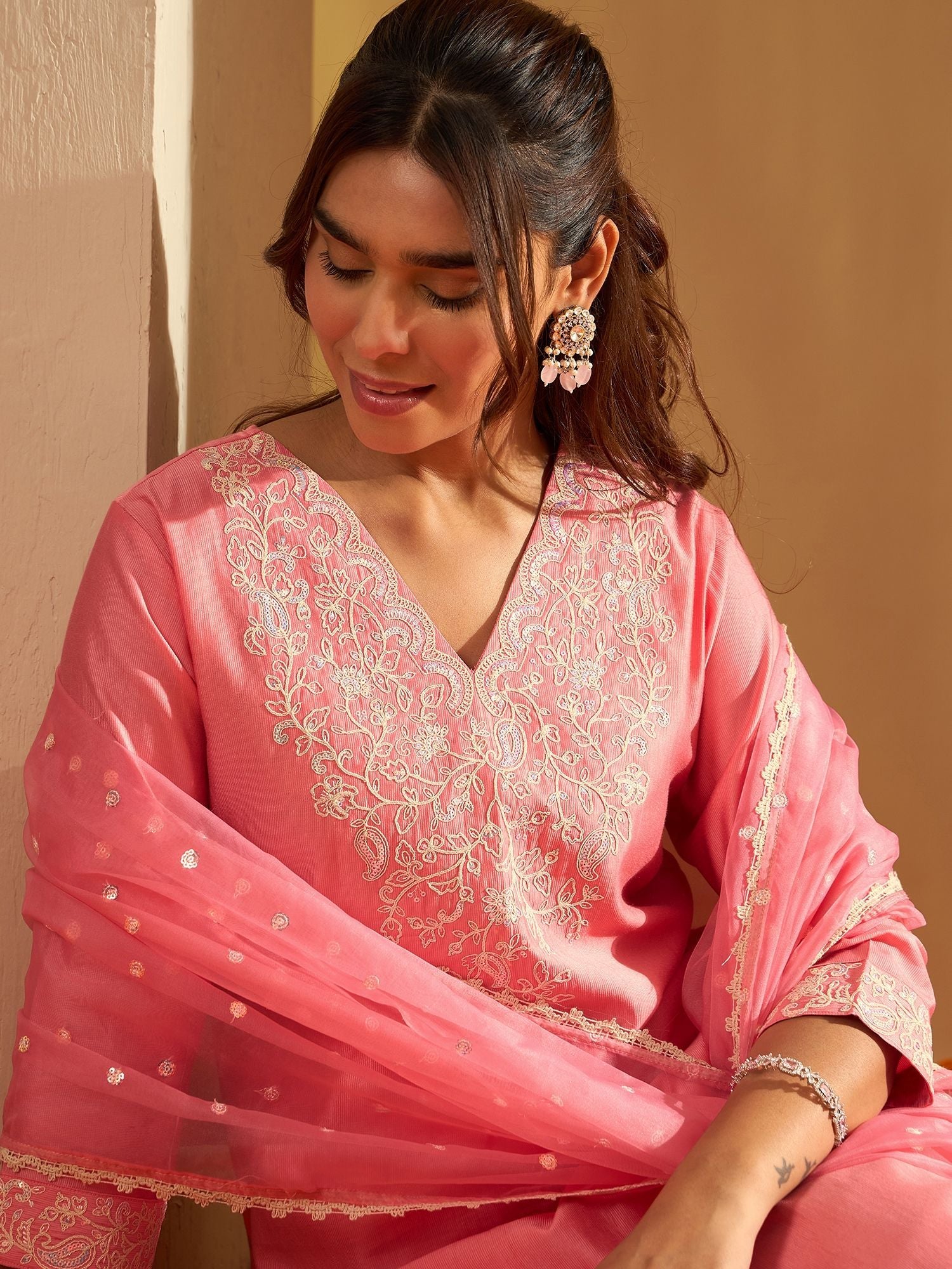Indo Era Floral Embroidered Liva V-Neck Straight Kurta With Trousers And Dupatta