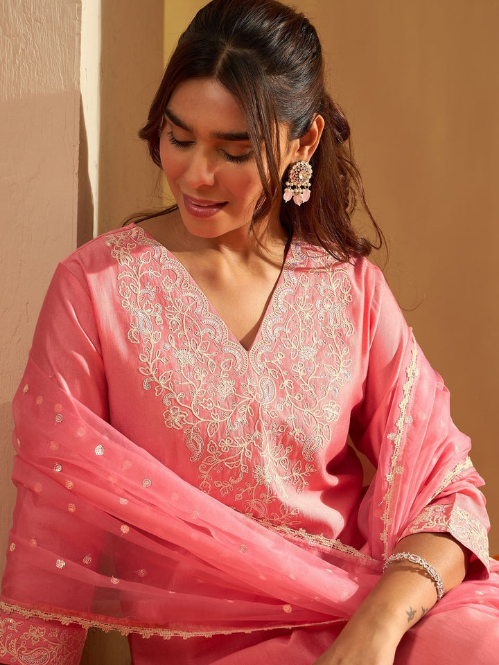 Indo Era Floral Embroidered Liva V-Neck Straight Kurta With Trousers And Dupatta