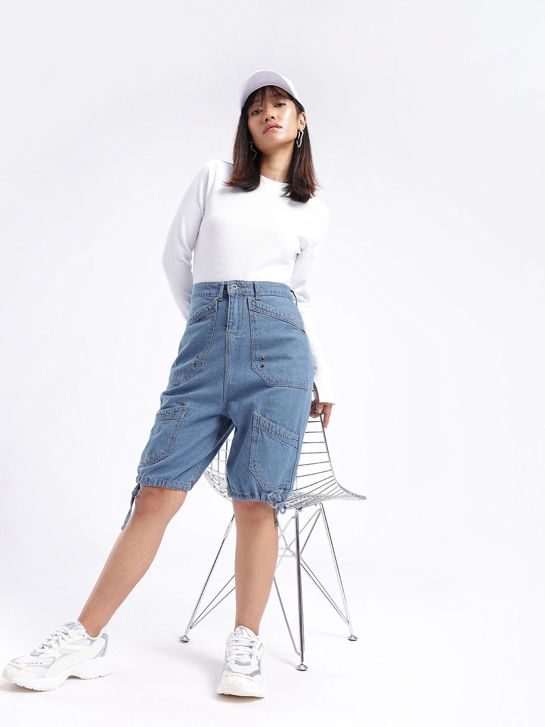 DressBerry Women Street Cool High-Rise Knee Length Denim Cargo Shorts