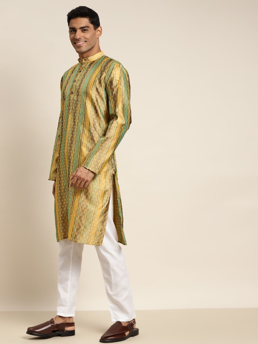 SOJANYA Men Golden & Mint Green Ethnic Motifs Kurta