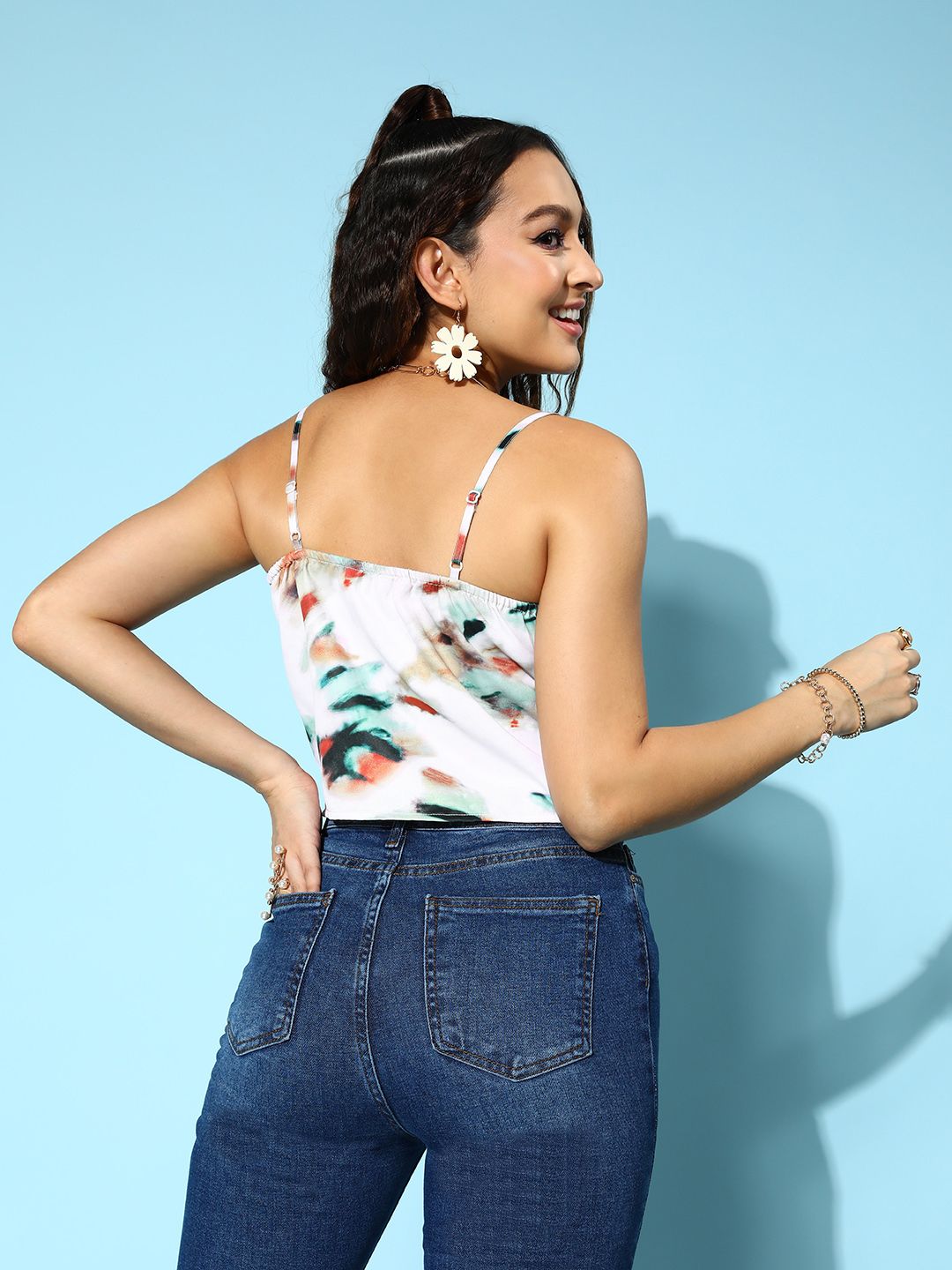 Berrylush White & Multicoloured Printed Cowl Neck Satin Crop Top