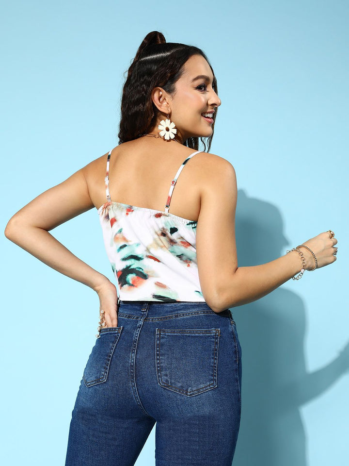 Berrylush White & Multicoloured Printed Cowl Neck Satin Crop Top