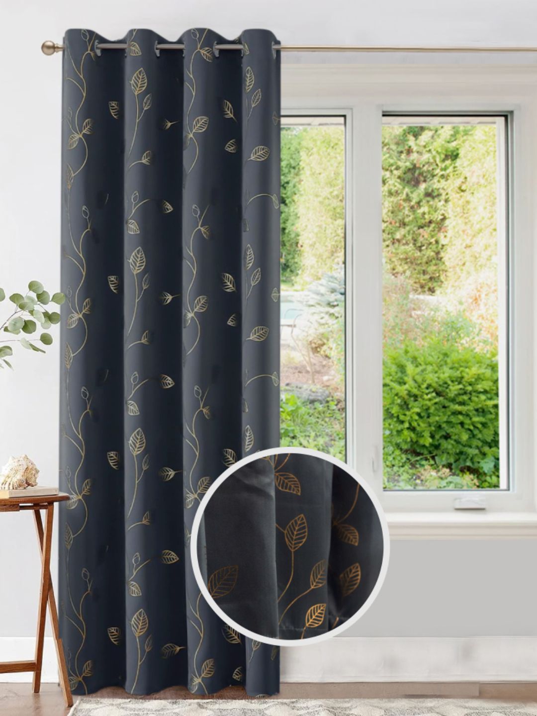URBAN SPACE Grey & Gold-Toned Floral Printed Black Out Door Curtain