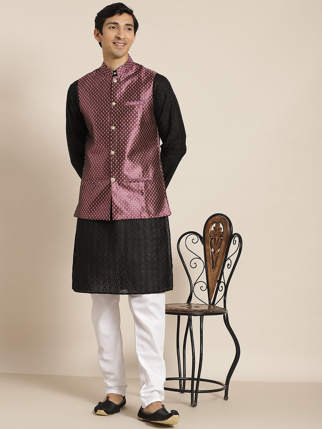 SOJANYA Men Black Chikankari Pure Cotton Kurta with Churidar & Nehru Jacket