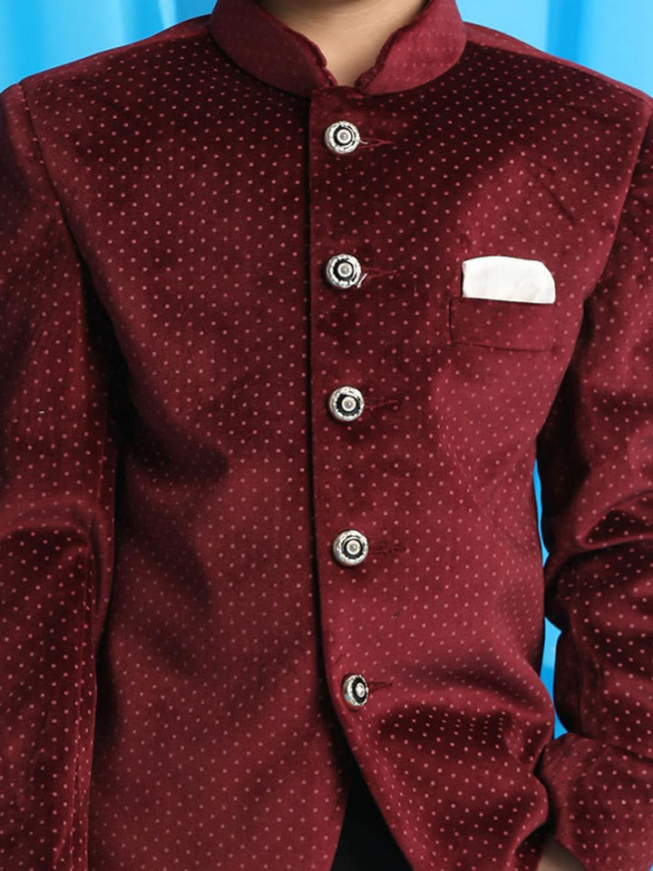 VASTRAMAY Boys Polka Dot Printed Slim-Fit Bandhgala Party Blazer